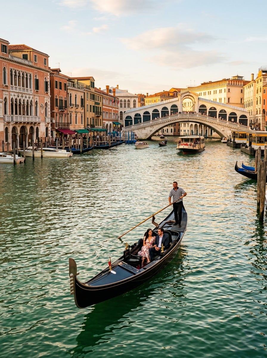 Gondola on the Grand Canal with the Rialto Bridge in Venice
