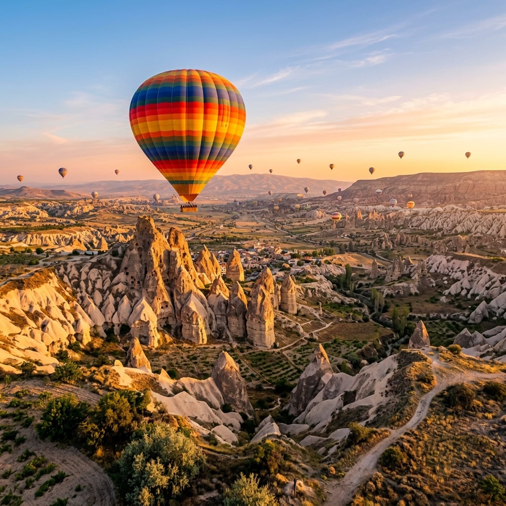 Colorful hot air balloons floating over Cappadocia at sunrise