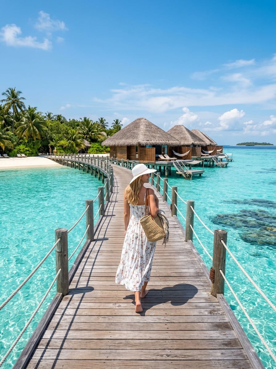 Traveler walking along a tropical pier toward overwater bungalows