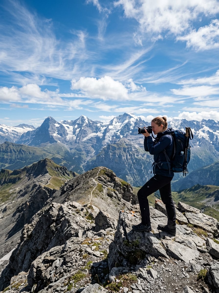 Hiker photographing snow-capped mountain peaks from a rocky ridge