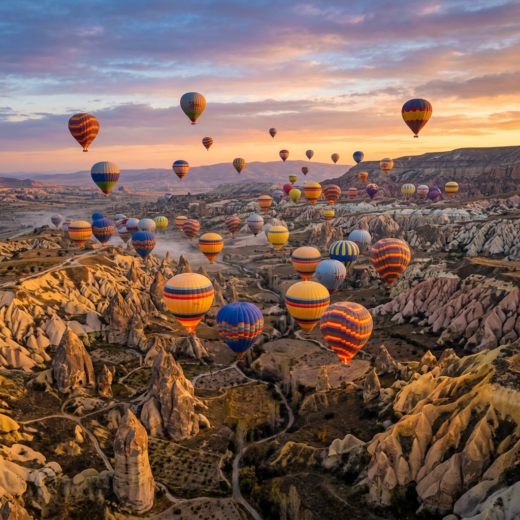 Hot air balloons floating over Cappadocia at sunrise